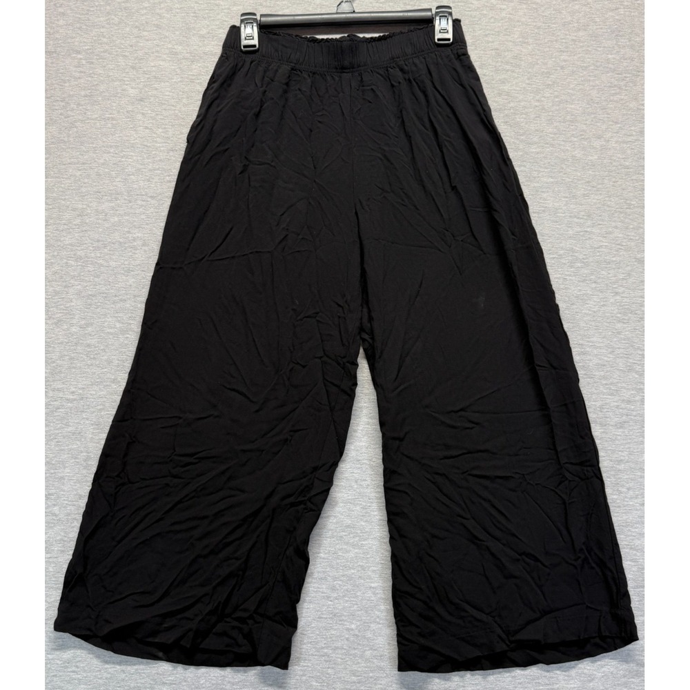 H&M High Waisted Cropped Pants Womens Small Black Viscose Elastic Waist Wide Leg
